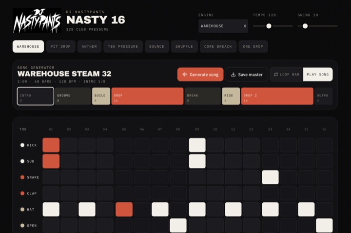 NASTY 16 beat sequencer interface with neon pads and waveform